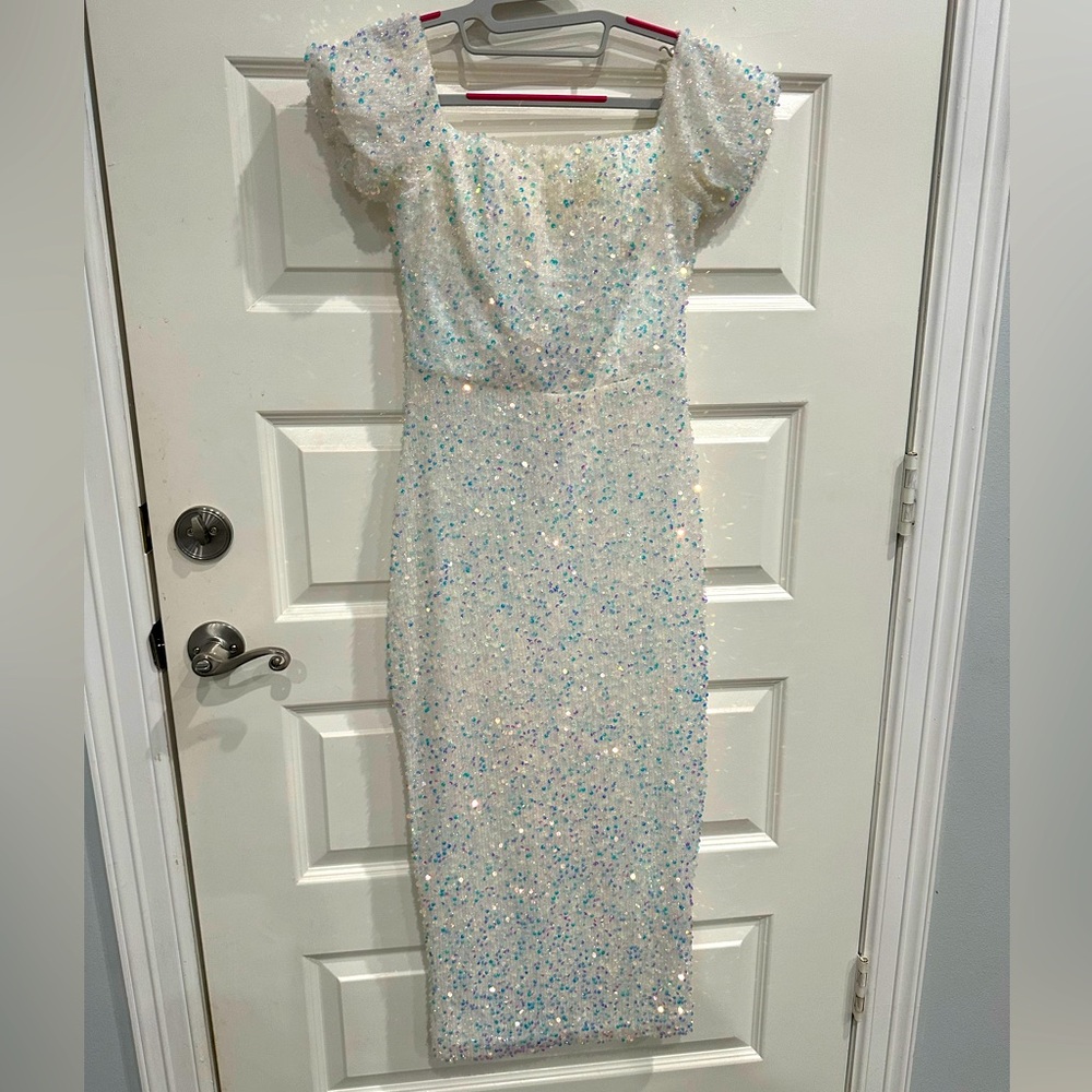 Sequin White Dress with Puff Sleeves